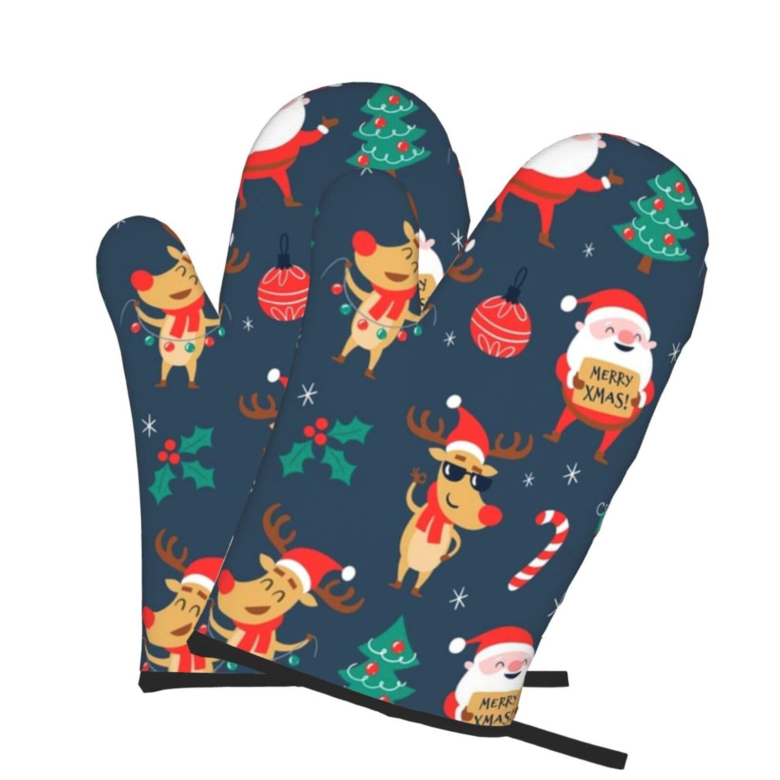 Oven Mitts Set of 2 Pcs, Santa Claus Christmas Prints Heat Resistant Kitchen Gloves for Cooking Baking Grilling
