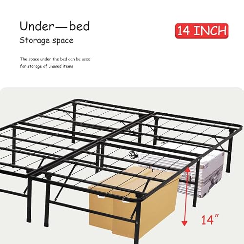 Mghh Bed Frame, Foldable Metal Platform Bed Frame Mattress Foundation Box Spring Replacement Heavy Duty Steel Slat Classic Metal For Home, Office, 14 Inch High, Black, Queen #TOP3