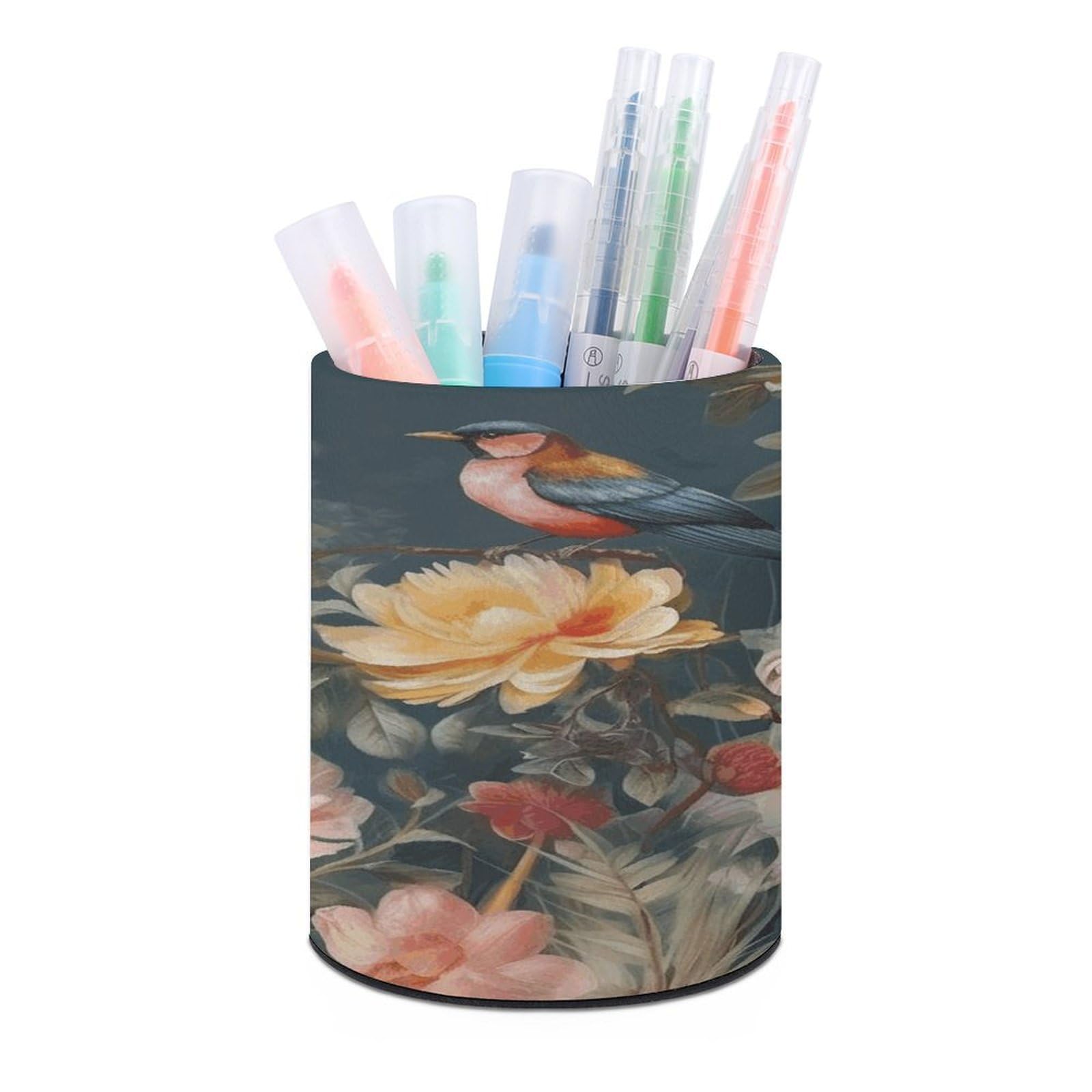VstaDank Flowers Birds Pen Holder Leather Pencil Cup Round Pencil Holder for Desk Organizer Personalized Pen Cup Fashion Pen Organizer Makeup Brush Holders for Office Home&Gift