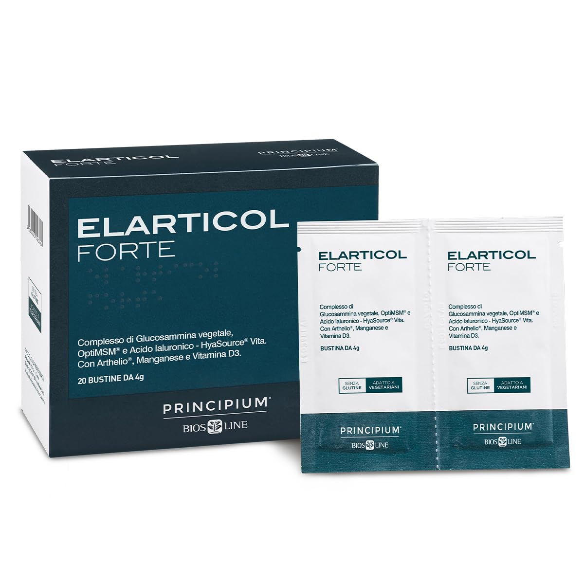BIOS LINE Principium Elarticol Forte, Integratore Alimentare con Glucosammina, Metilsulfonilmetano e Acido Ialuronico, Benessere delle Articolazioni, 20 bustine | Con Glucosammina, Metilsulfonilmetano, Acido Ialuronico, Benessere delle Articolazioni