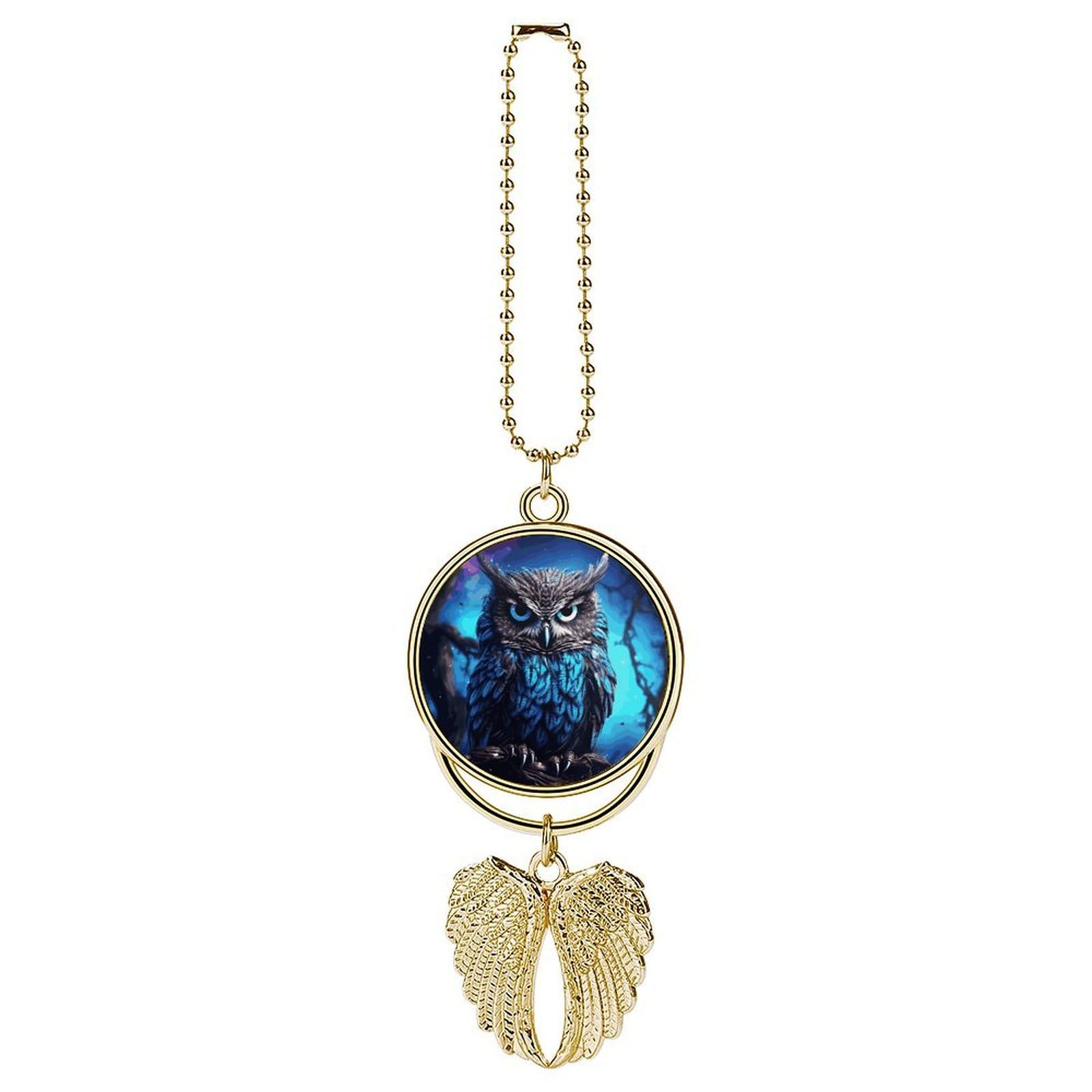 Blue Owl Car Charm, Alloy Rear View Mirror Pendant, Bling Funny Car Hanging Ornament Gift for Women Men, Car Pendant Lucky Auto Interior Decoration Accessories Golden-Style