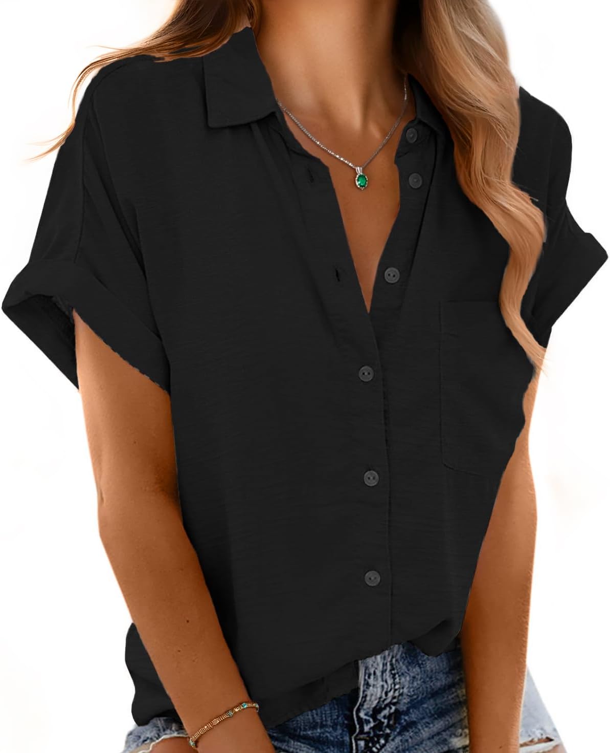 Button Down Short Sleeve Shirts for Women V Neck Loose Roll Up Collared Shirt Casual Summer Tops with Pockets