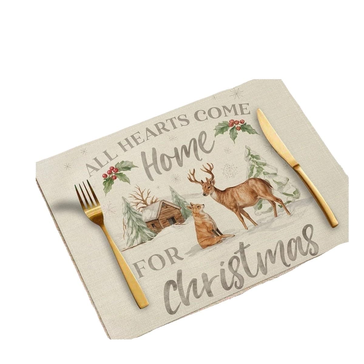 4Pcs Winter Christmas Placemats 45x30cm Elk Snowman Print Place Mats Linen Non Slip Heat Resistant Decoration Dining Table(BJT-250720000500,6Pcs-30X45cm(12X18in)