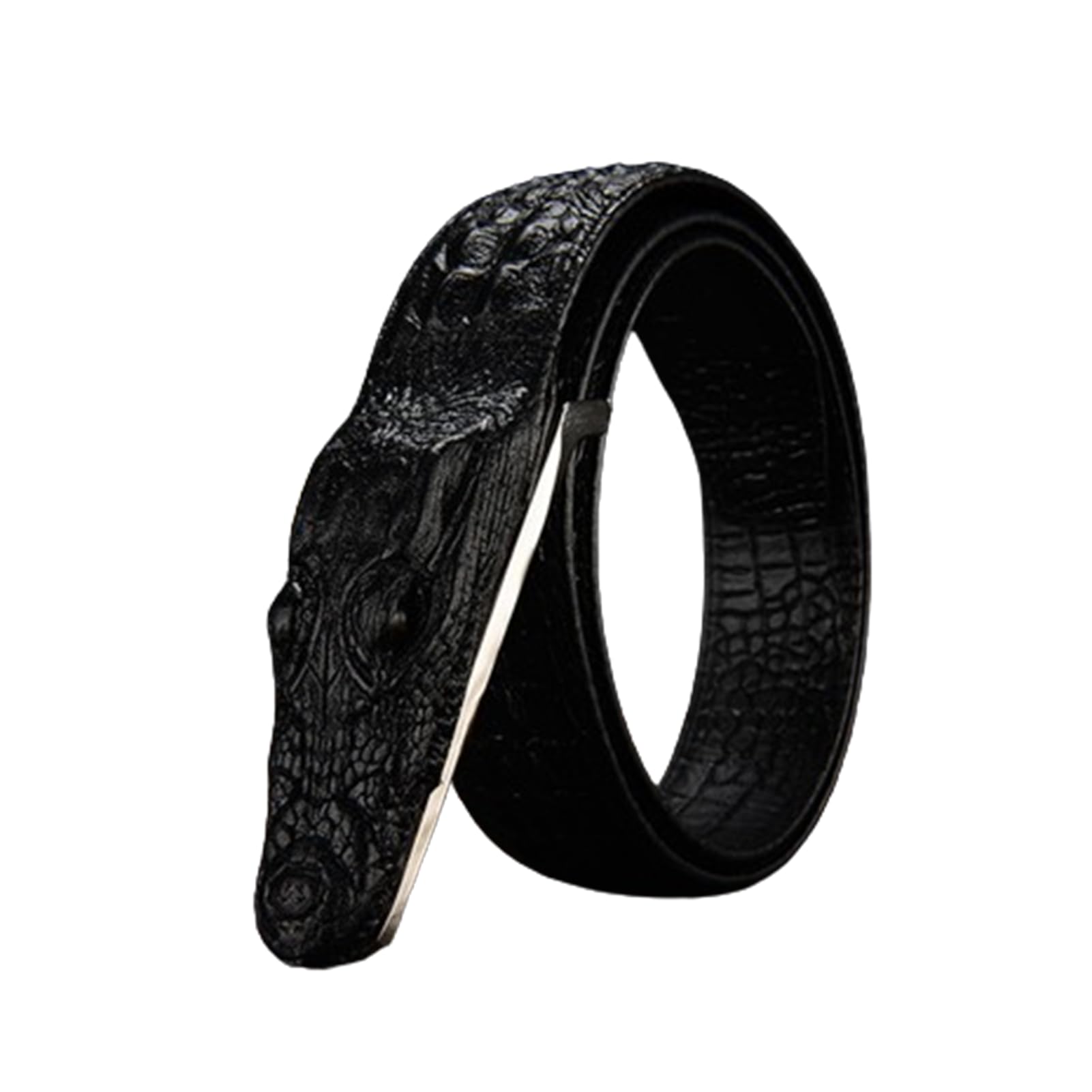 AGUTALITHIC Alligator Backbone Skin Pattern Embossed Leather Belt Strap for Men, Handmade Crocodile Head Engraved Snap Buckle(110cm/43, Black)