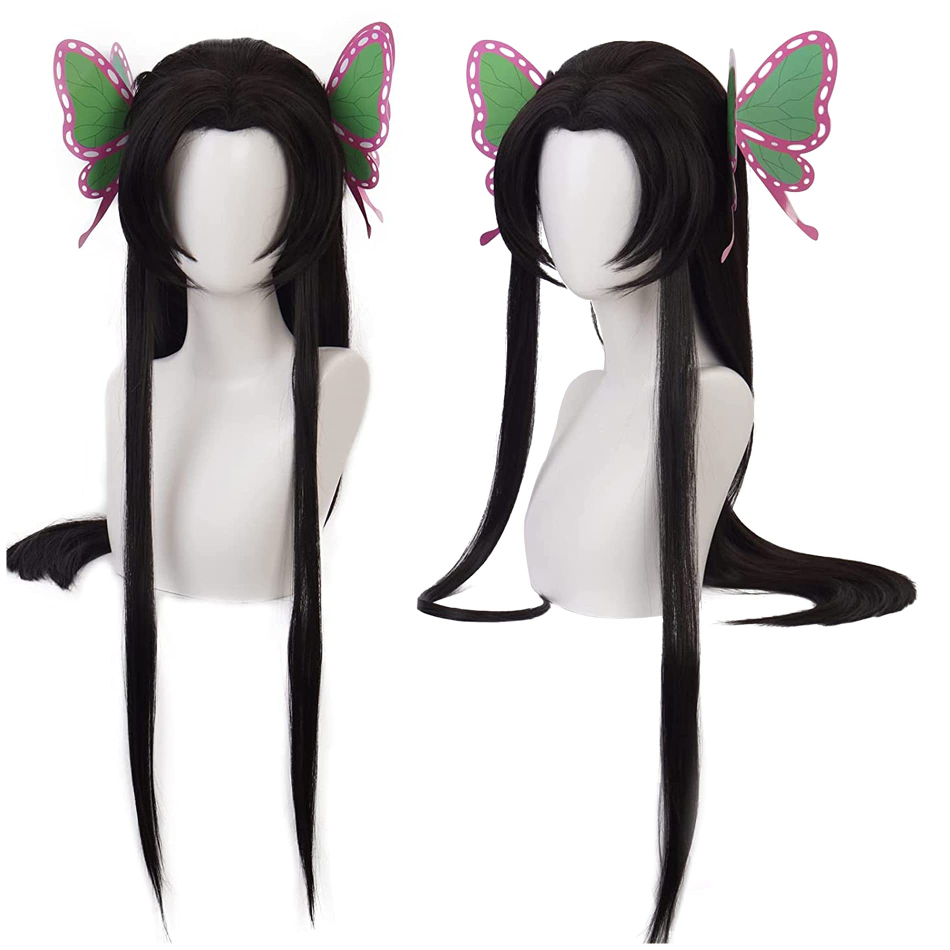 Black Long Straight Hair with Butterfly Hair Clip for Women Halloween Cos Anime Party Heat Resistant Synthetic Fabric Costume Hair