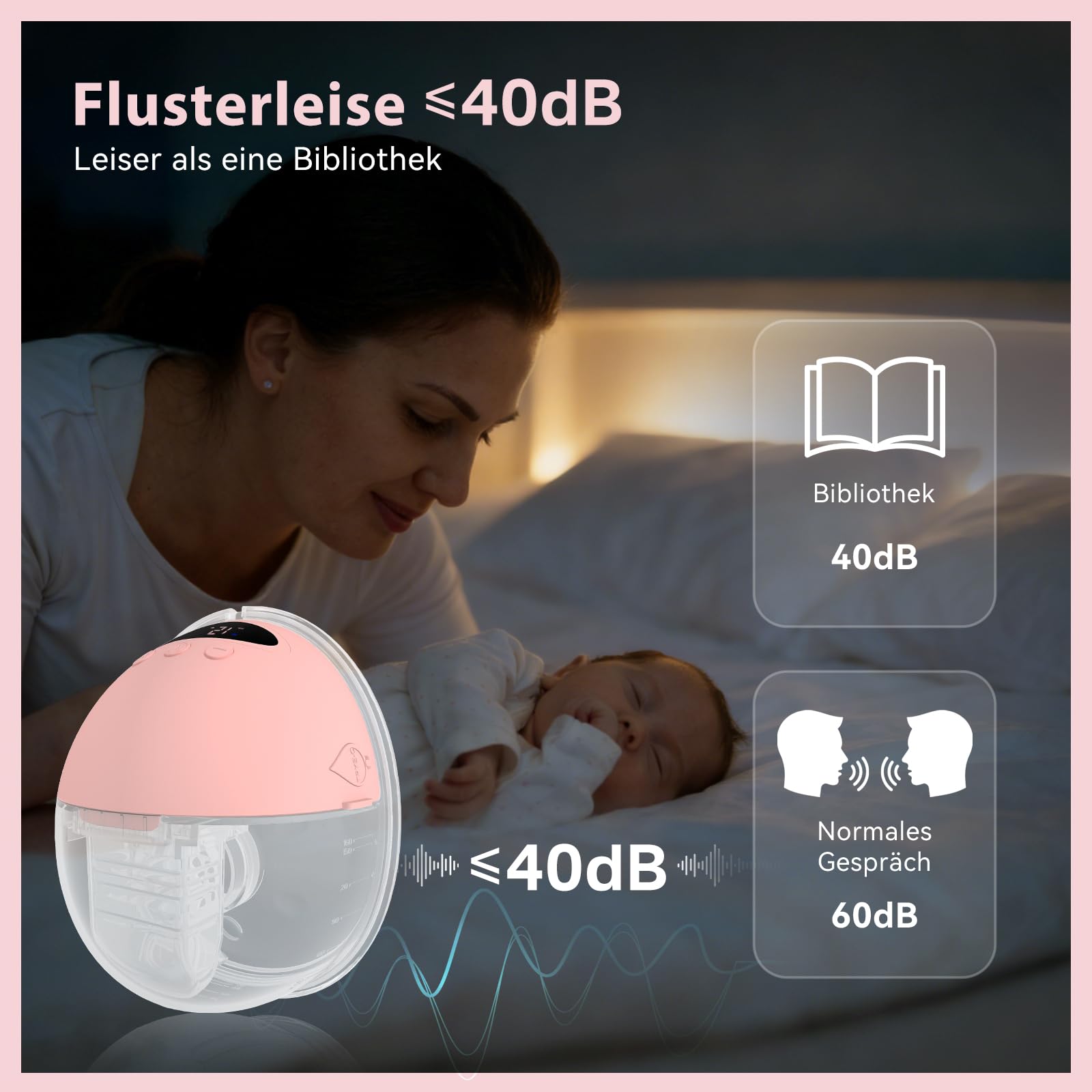 Milchpumpe Elektrisch Handsfree, Tragbare Milchpumpe Freihändig & Leise, 4 Modi und 12 Saugstufen, Wiederaufladbare Elektrische Milchpumpe mit 19/21/24 mm Flansch (Pink, 21mm)