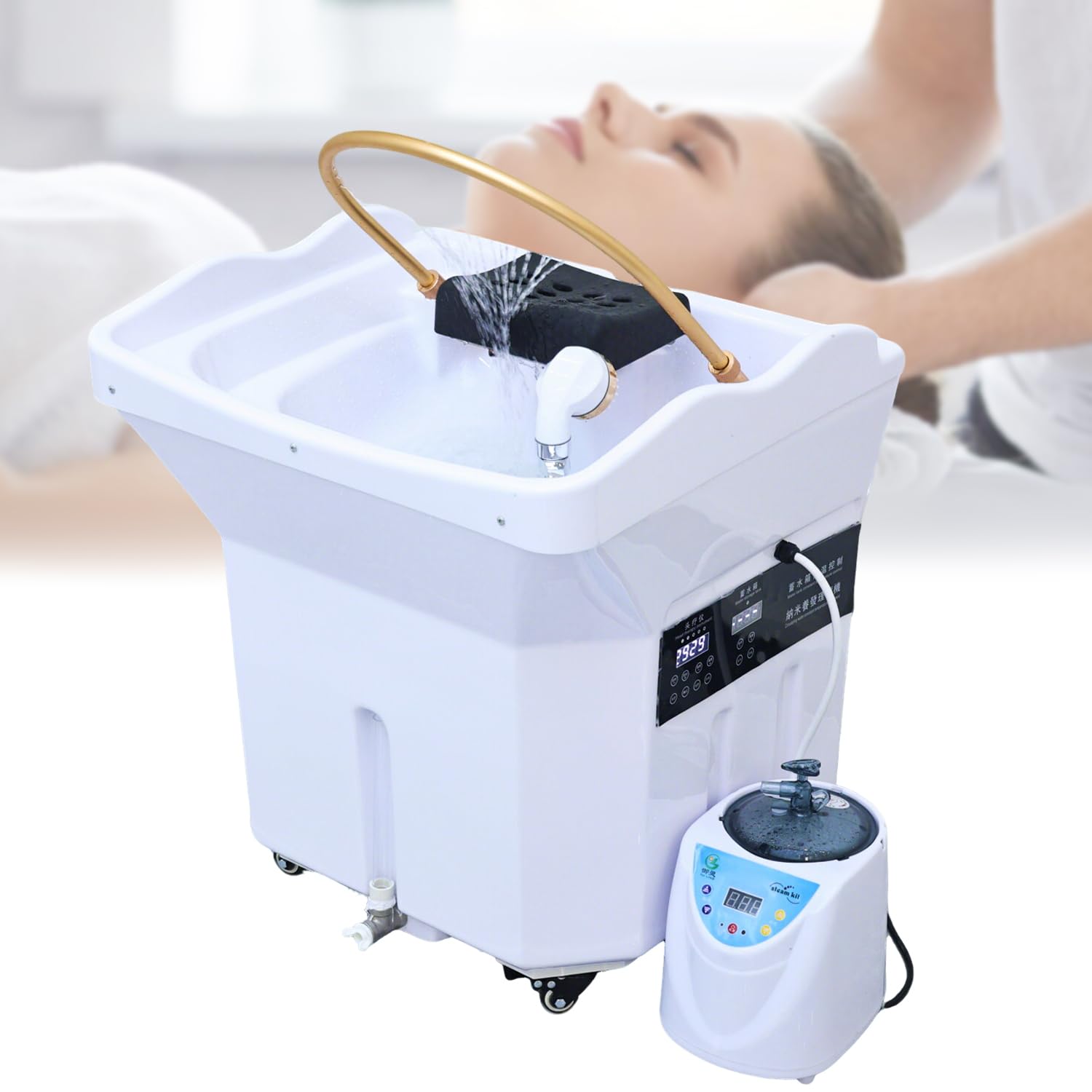 Bewegliches Head Spa Gerät, Haarwaschbecken Mit 60L Wassertank, 4 Rollen mit Feststellbremse, verstellbarem Kopfkissen, Lichttherapie, Verneblung, geeignet für Spa-Salons, Friseurläden, Weiß