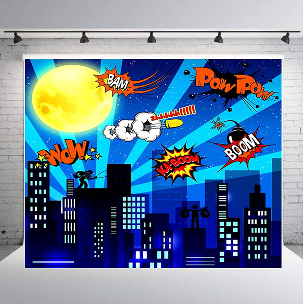Sfondo di Supereroi,Supereroe Compleanno Foto Sfondo 2,1 x 1,5 m Cityscape Backdrop Per Bambini Festa Fotografia Sfondo