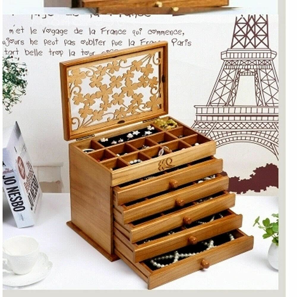 Emfogo Portagioie girevole a 360° da donna, in legno rustico, con 5 cassetti, ante in vetro, design aperto verticale, per orecchini, anelli, collane, bracciali