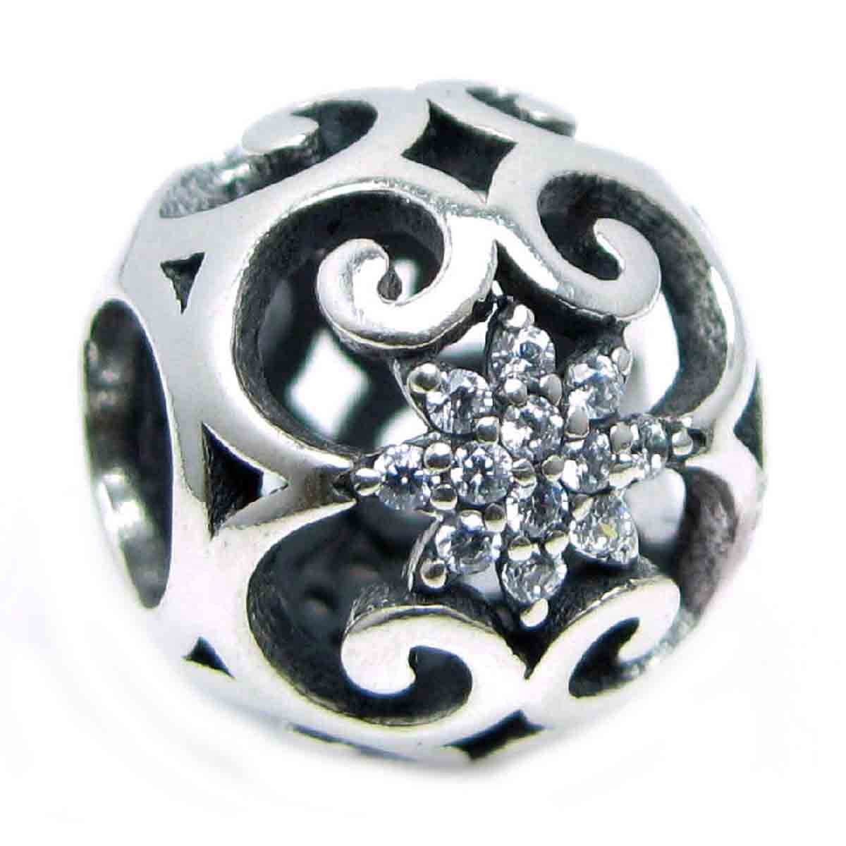 925 Sterling Silver Round Flower Charm Bead - Clear CZ, 11mm, Fits 3mm European Bracelets, Antique Finish - View #7