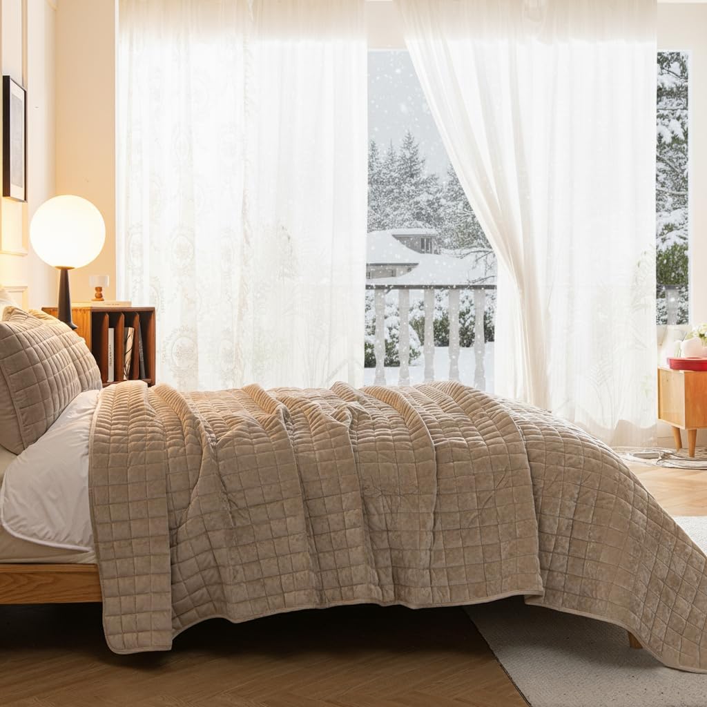 BOV Luxury Velvet Quilt and Sham Set, Cozy Queen Size Quilt Soft Comforter Set Lightweight Bedspread Coverlet Set Queen, Taupe Comforter 92"x96" - Image 2