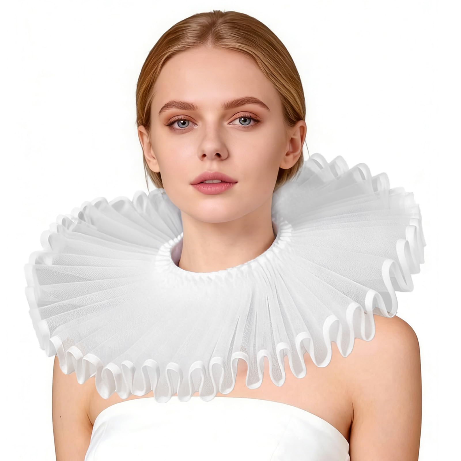Tanganan Victorian Retro Mesh Neck Ruff Ruffle Collar Layered Clown Neck Collar Clown Choker for Halloween Fancy Dress Cosplay Costume (white)