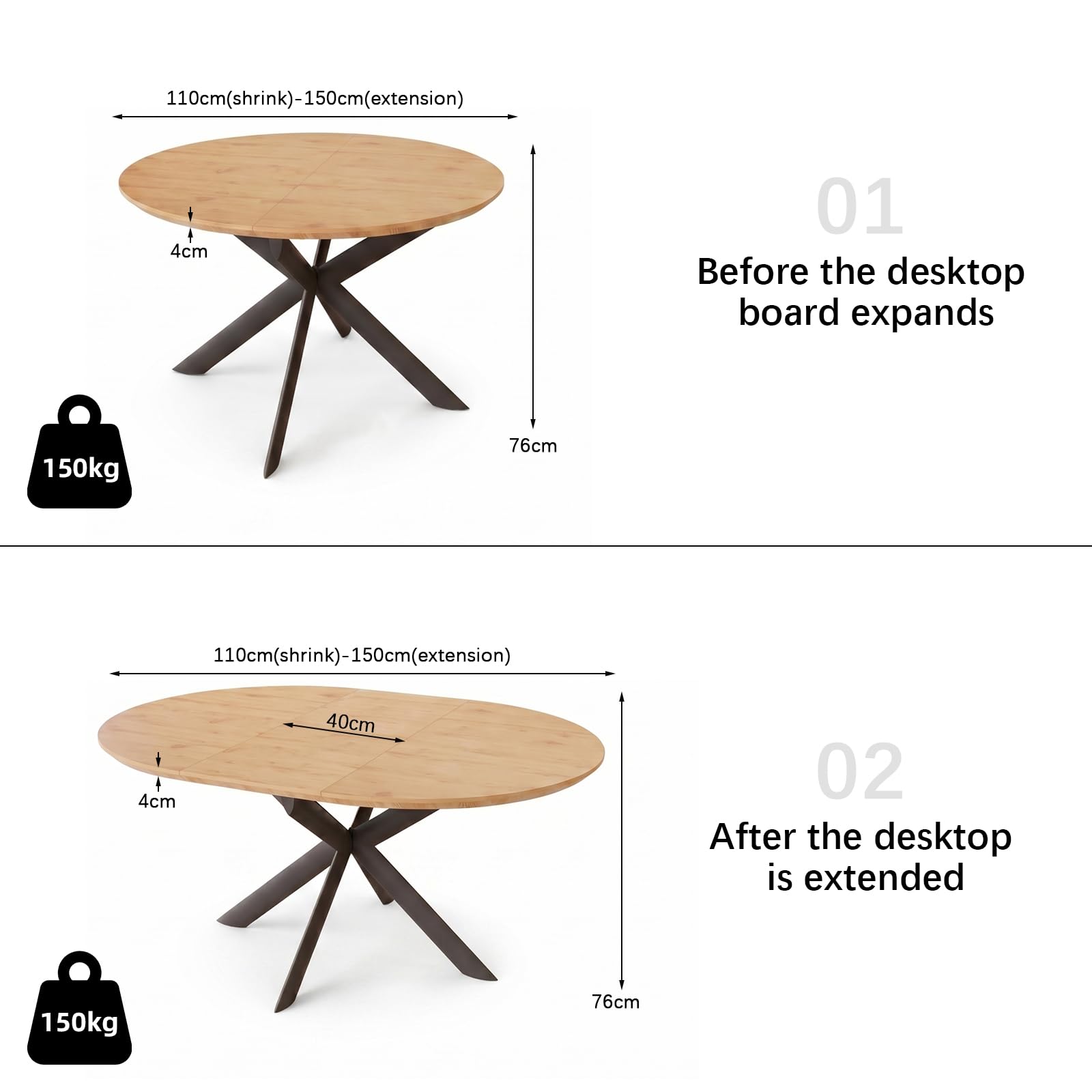 JIEXI Set tavolo da pranzo rotondo allungabile 110 x 150 cm, finitura rovere, piano rotondo in MDF, stile moderno e contemporaneo, per sala da pranzo e cucina