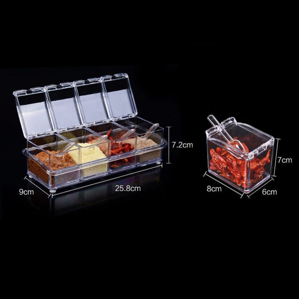 4square Crystal Seasoning Acrylic Box Pepper Salt Spice Rack Plastic 4 Box with Spoons Kitchen See Through Storage Containers Cooking Tools