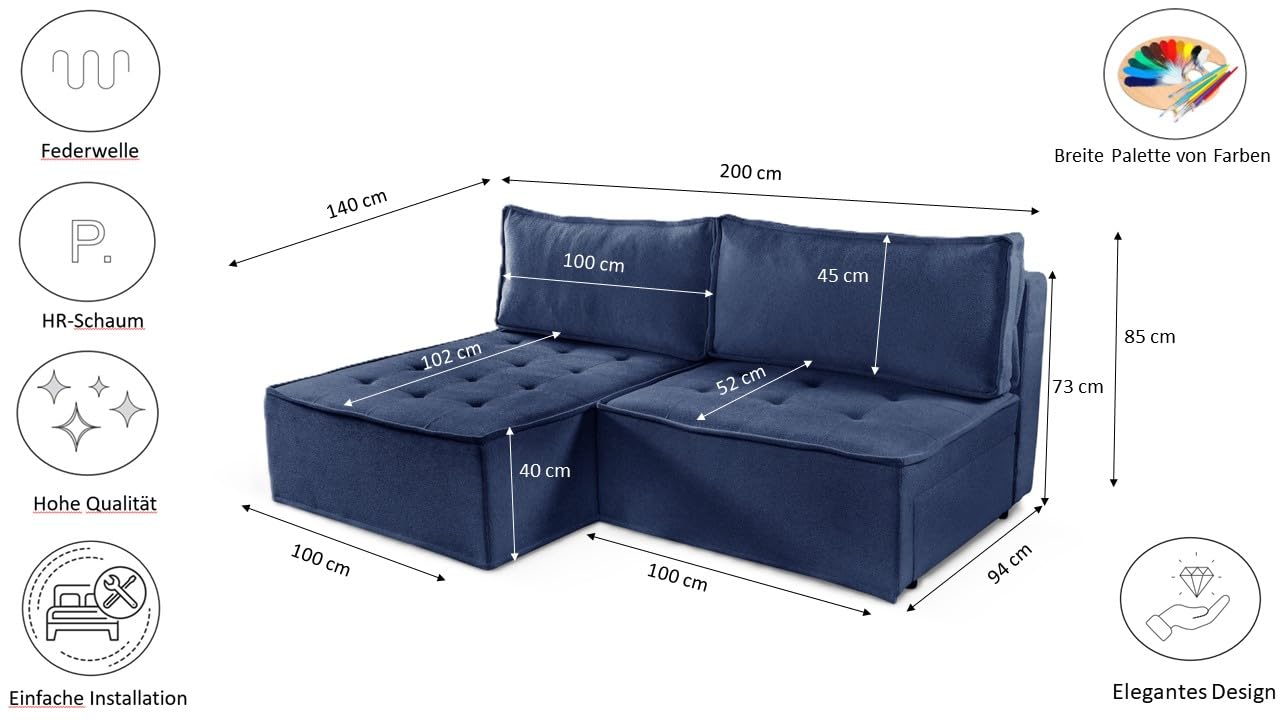 Nowoczesna tapicerowana sofa rozkładana stylowa kanapa narożna z eleganckiej niebieskiej tkaniny idealna do salonu lub pokoju gościnnego oszczędzająca miejsce design wszechstronne rozwiązanie do