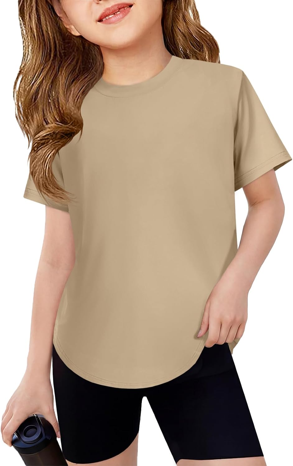 Girls Athletic Short Sleeve Shirts Kids Curve Hem Soft Tunic Tops Gym Workout Active Tee