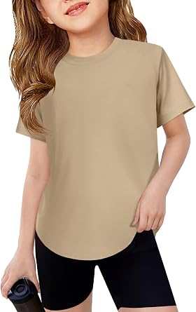 Girls Athletic Short Sleeve Shirts Kids Curve Hem Soft Tunic Tops Gym Workout Active Tee