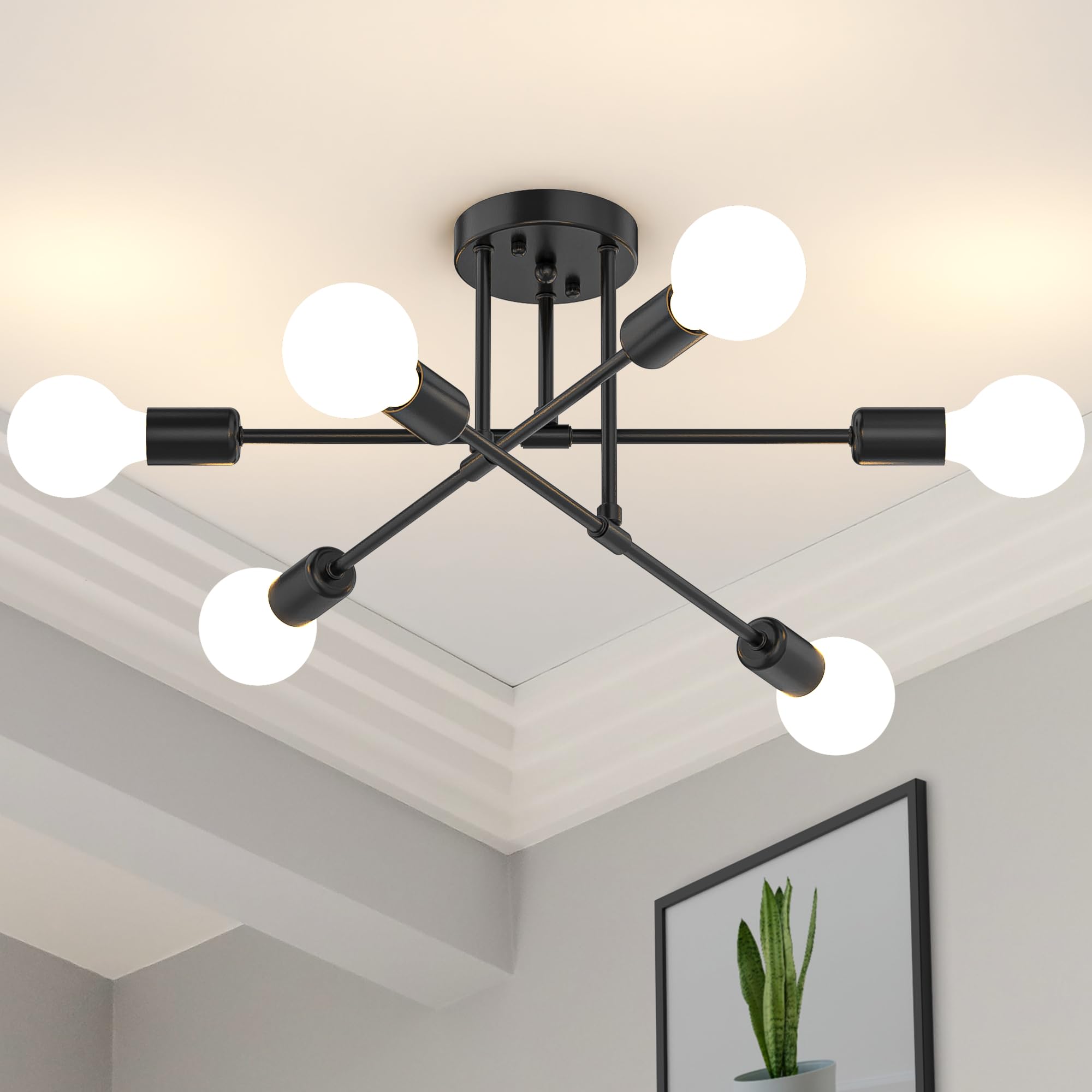 Modern Sputnik Chandelier Ceiling Light Fixtures, 6-Lights 22” Mid Century Industrial Metal Semi Flush Mount for Dining Room, Bedroom, Living Room-Black