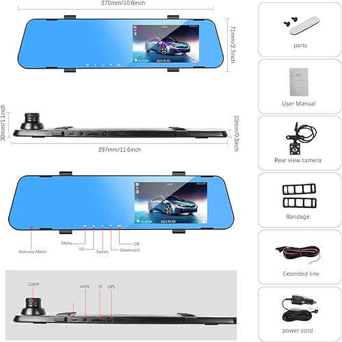 Miniatura 3 de CAMECHO Cámara de respaldo de cámara de tablero de espejo de 4.5 pulgadas, cámara de retrovisor frontal y trasera 1080P FHD para automóviles con