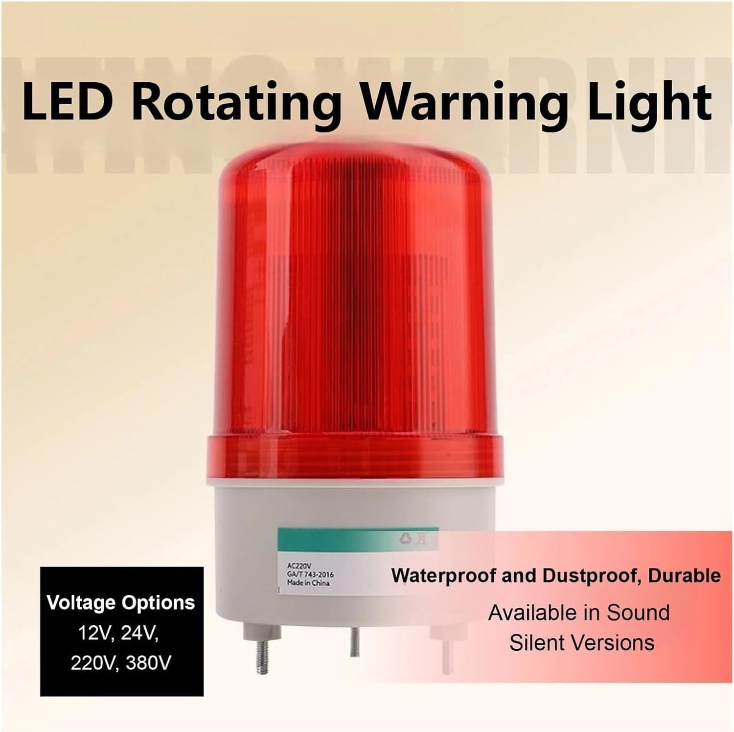 Przemysłowa lampa wieżowa alarmowa, obrotowa lampa ostrzegawcza LED, alarm dźwiękowy i wizualny z brzęczykiem, 12 V 24 V 220 V, 1 szt.(Yellow,DC24V)