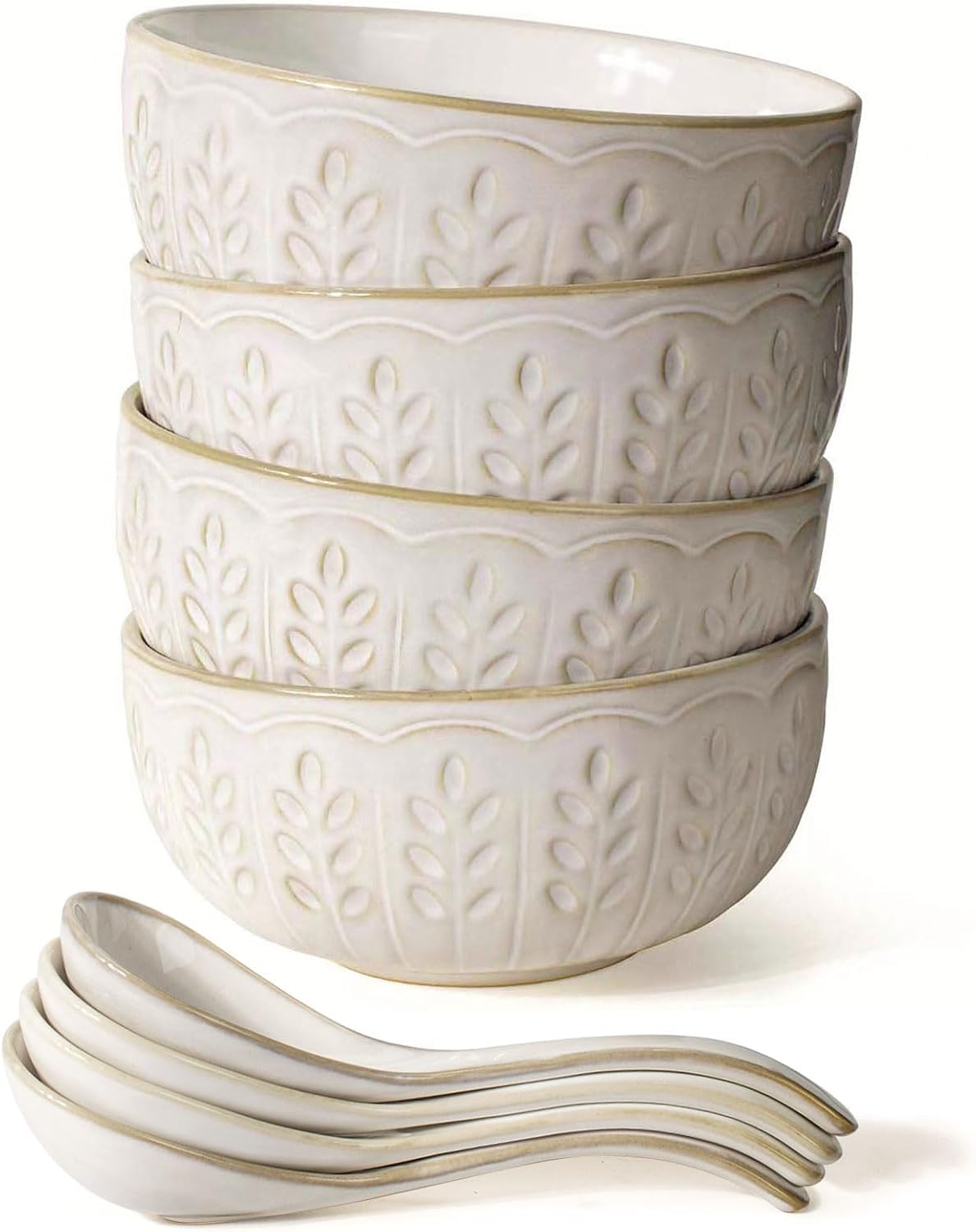 Artena Plates And Bowls Sets, 16 Pieces Dinnerware Sets, Dish Set For 4, Ceramic Kitchen Bowl And Plate Set, Cereal Bowls & Soup Spoons, Pho Bowls And Spoons Set, Embossed Ceramic Ramen Bowls