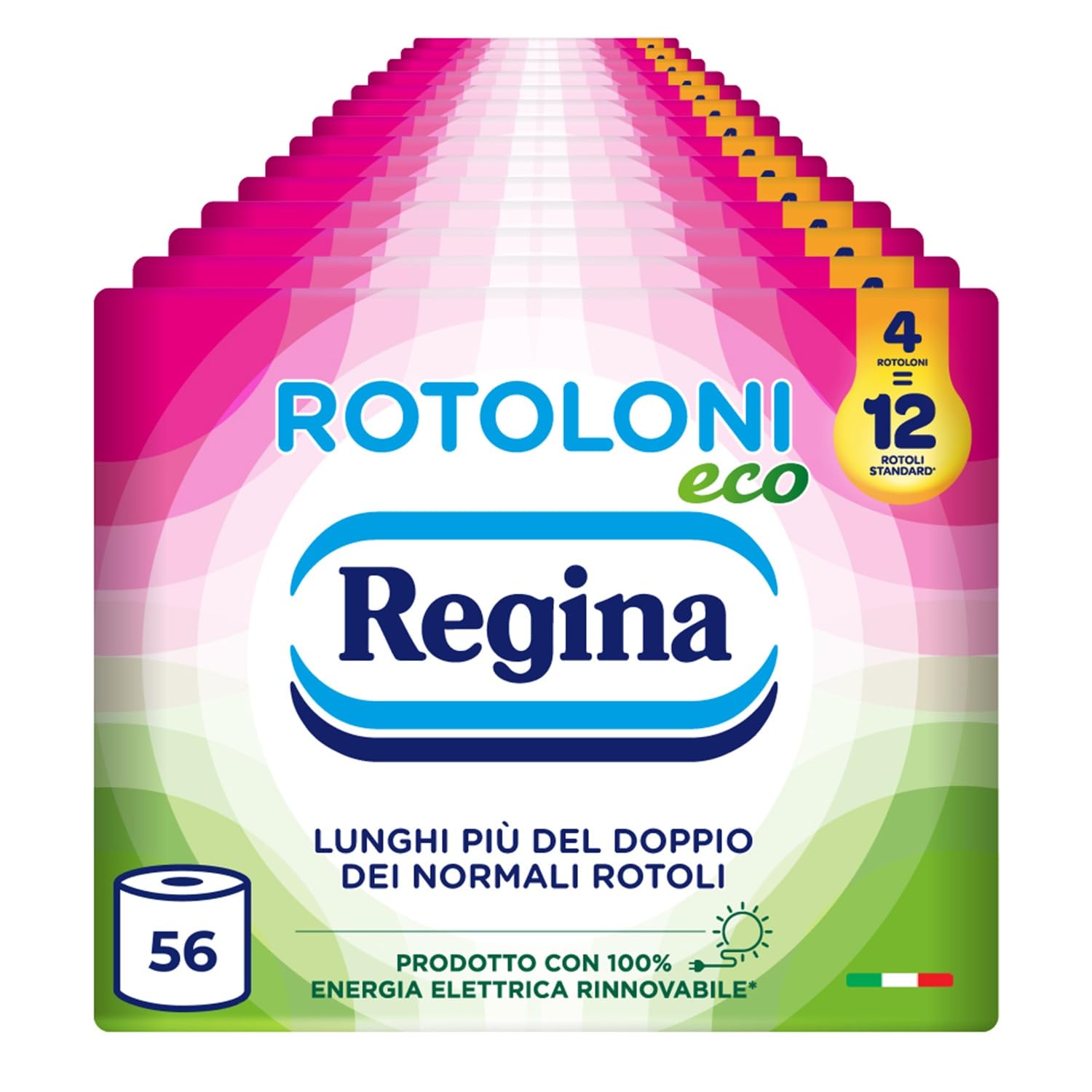 Regina Rotoloni Eco, 56 Maxi Rotoli di Carta Igienica a 2 Veli | 500 Fogli, Lunghi Più del Doppio dei Normali Rotoli, Confezione in Carta Riciclabile, Carta 100% Certificata FSC