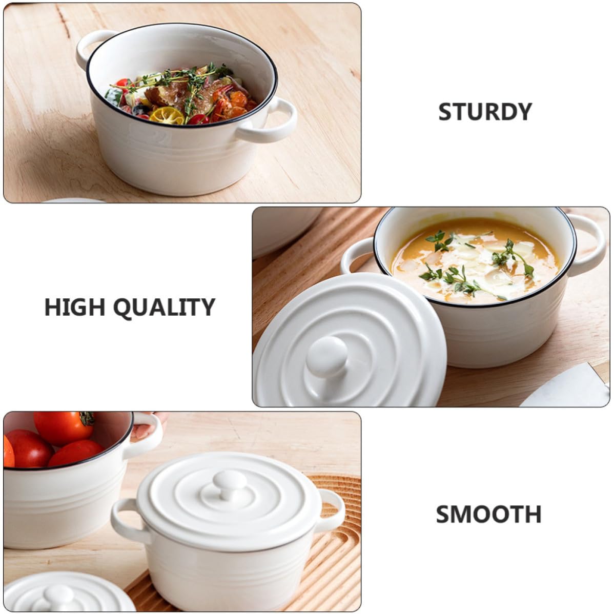 Sosoport Tazón de Sopa de Cerámica Resistente al Calor y Ligero Diseño Exquisito y Funcional con Doble Asa y Tapa Adecuado para Cocina y Camping