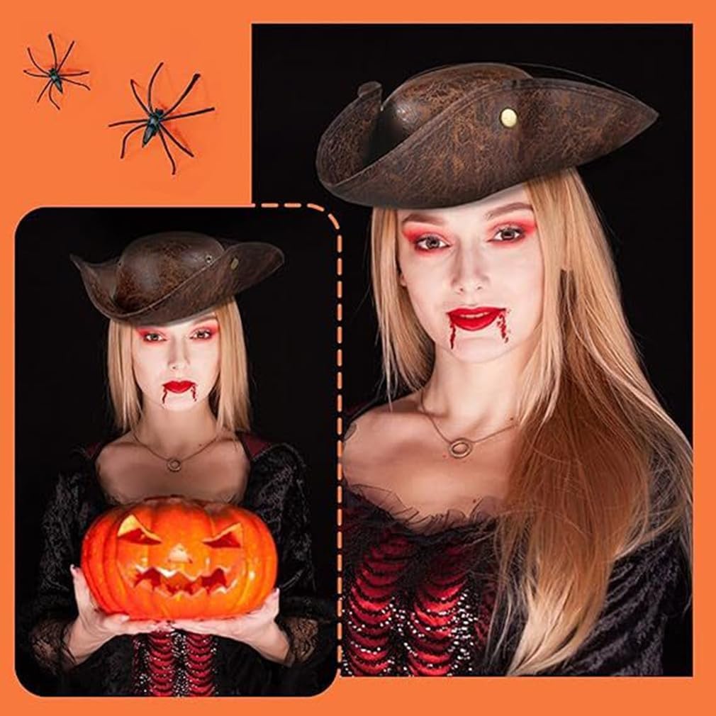 Faux Leather Pirate Hat Distressed Colonial Hat Tricorn Cap for Men Women Halloween Pirate Costume Accessories - Image 3