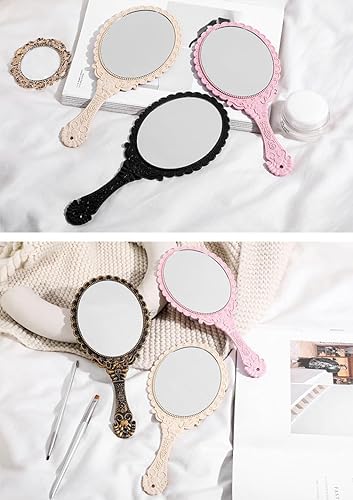Miniatura 4 de AKOAK 1 paquete creativo retro patrón mango espejo de maquillaje portátil de mano espejo espejo de mano herramienta de maquillaje (oro rosa)
