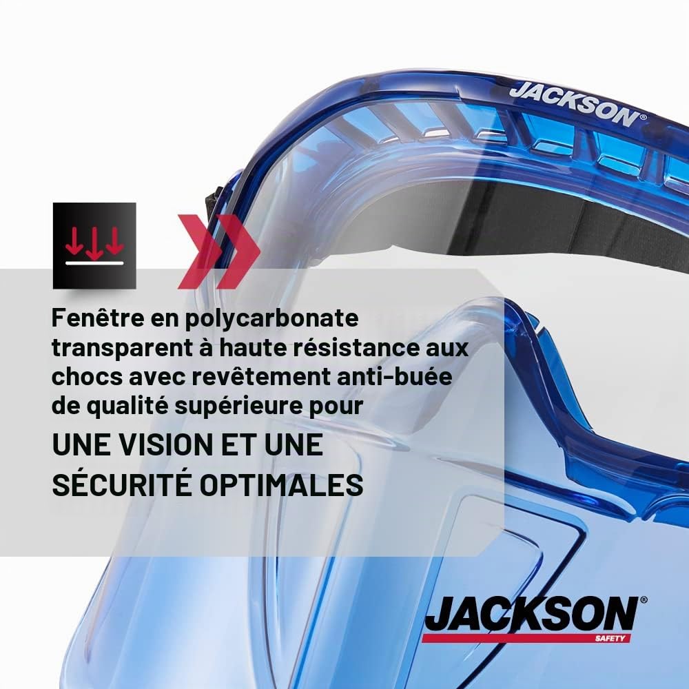 Jackson Safety GPL500 Lunettes de sécurité de qualité supérieure avec visière amovible, bleu, verres de protection transparents, anti-buée EN 166 CE 21000