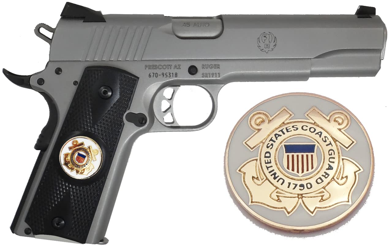 Garrison Grip 1911 Colt Full Size and Clones (Grips ONLY) with US Coast Guard Medallion Set in Ebony Black Color Polymer Double Diamond Grips