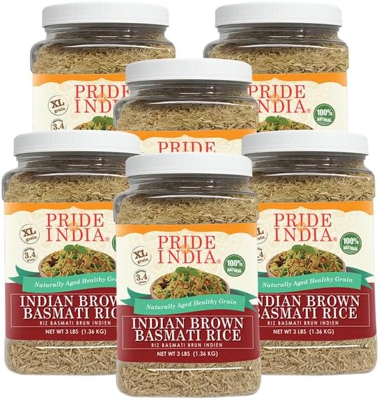 Pride Of India - PACK of 6 - Extra Long Brown Basmati Rice - Naturally Aged Healthy Grain, 3 lbs Jar