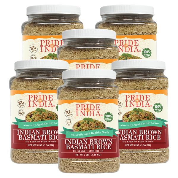 Pride Of India - PACK of 6 - Extra Long Brown Basmati Rice - Naturally Aged Healthy Grain, 3 lbs Jar