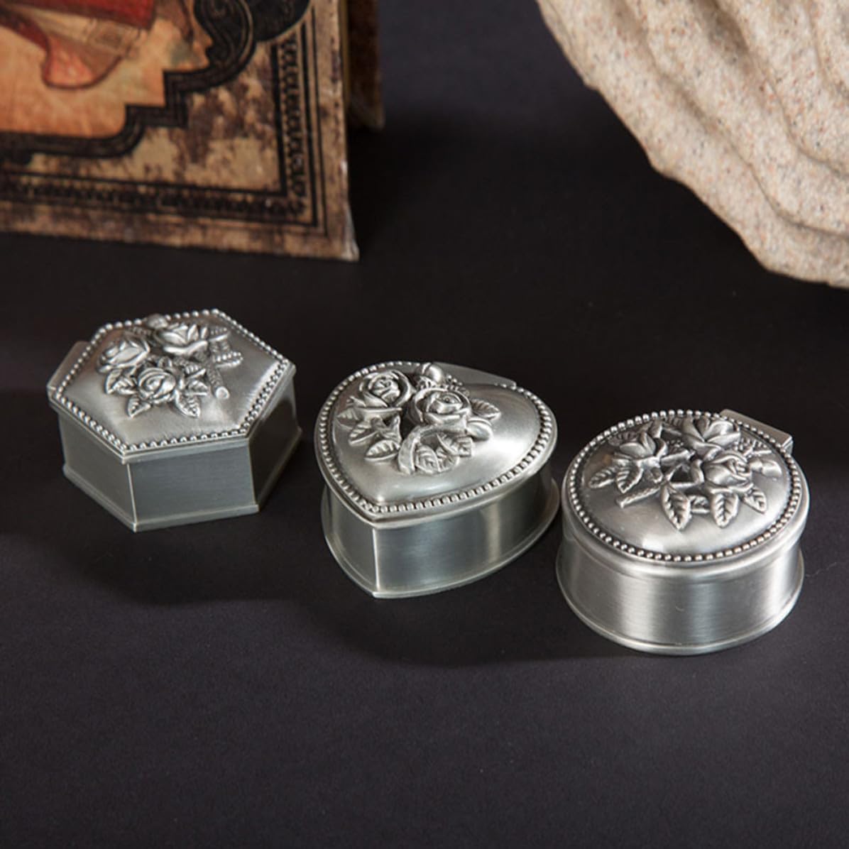 Vintage Alloy Heart Trinket Box with Flower Pattern Cover image 5
