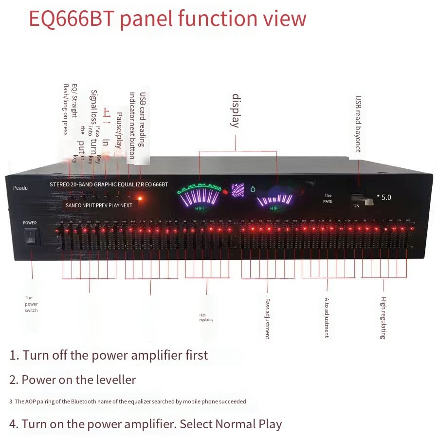 EQ-666BT Ecualizador Bluetooth sin pérdidas estéreo de 40 bandas Controlador de efectos digitales de audio,EQ Hi-Fi Home EQ,Ecualizador de ajuste alto/medio/bajo,tarjeta de soporte/disco U, black