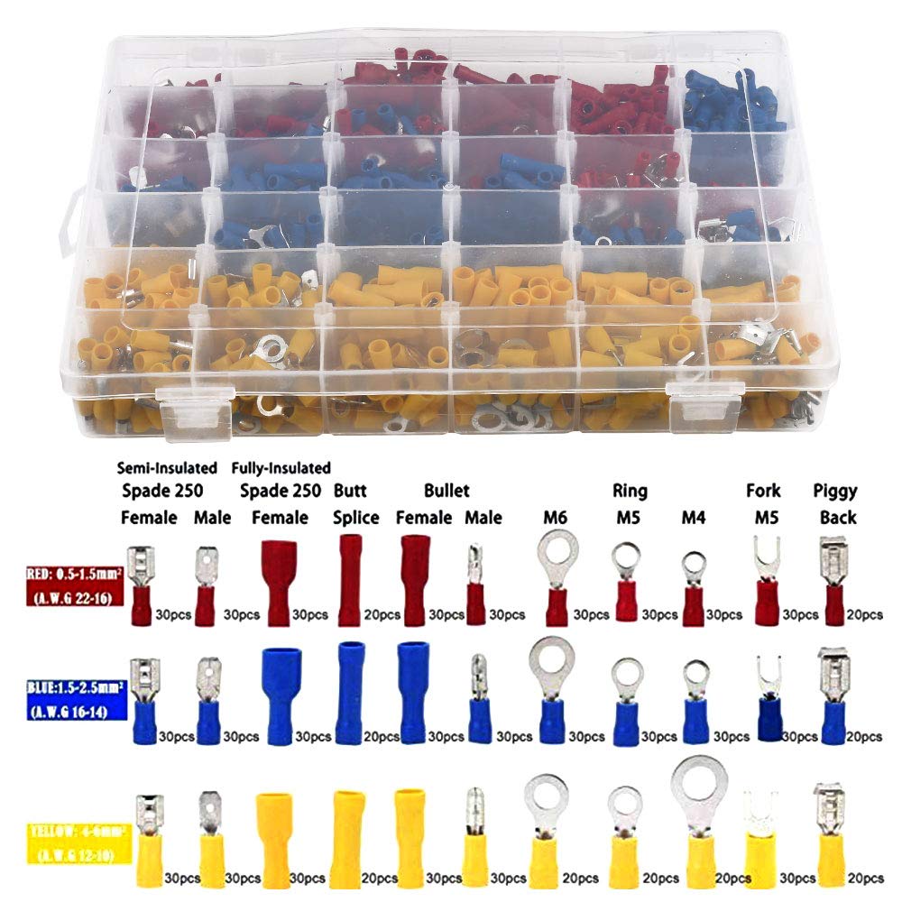 Davitu 900pcs/lot Crimp Connector Spade Connectors Male/Female Spade Ferrules kit Wire Copper Insulated Cord Pin End Terminal