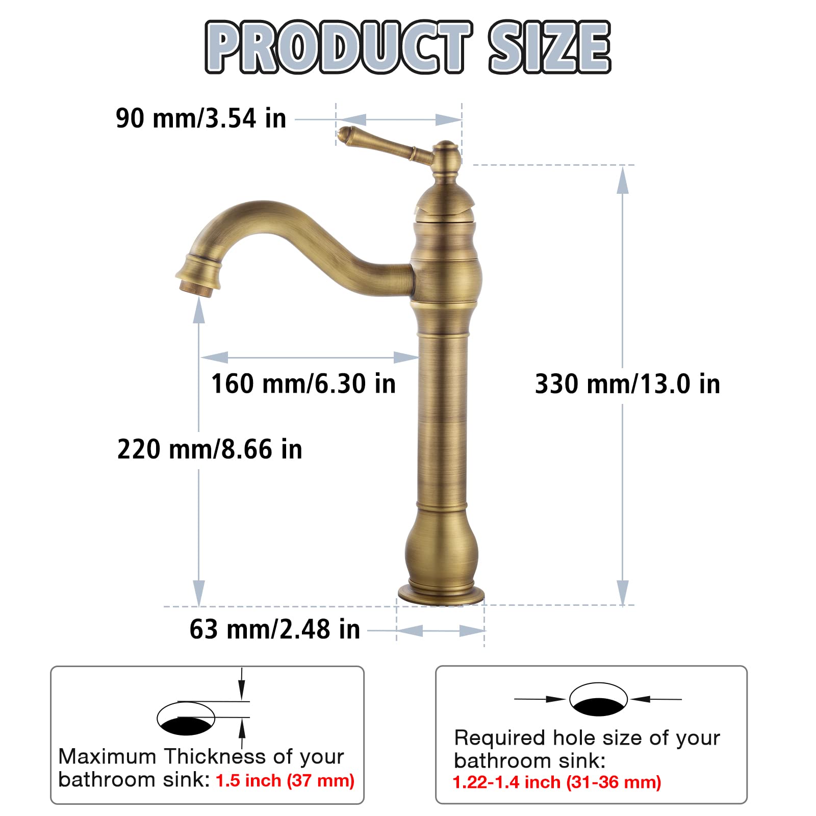 Robinet Salle de Bain Rétro Laiton Haut, Antique Mitigeur Lavabo Vasque avec bec Hauteur 230 mm, Pivotant à 360°Mitigeur Vasque Salle de Bain, Robinet Lave Main Chaude et Froide, G3/8