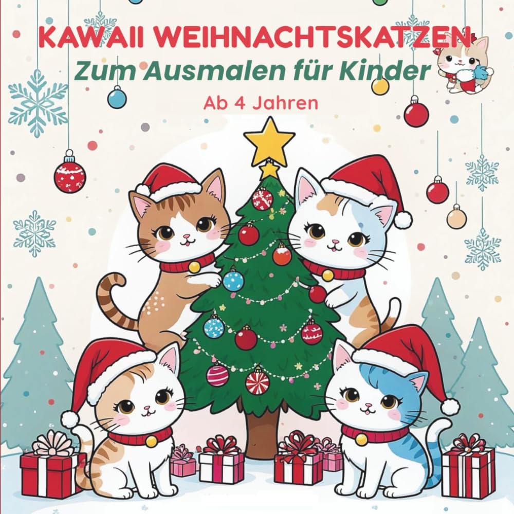Niedliches Kawaii Weihnachtskatzen Ausmalbuch für Kinder im Alter von 4–8 Jahren: Lustige Weihnachts-Kätzchen, verschneite Winterszenen & fröhliche Ausmalseiten zum Fest