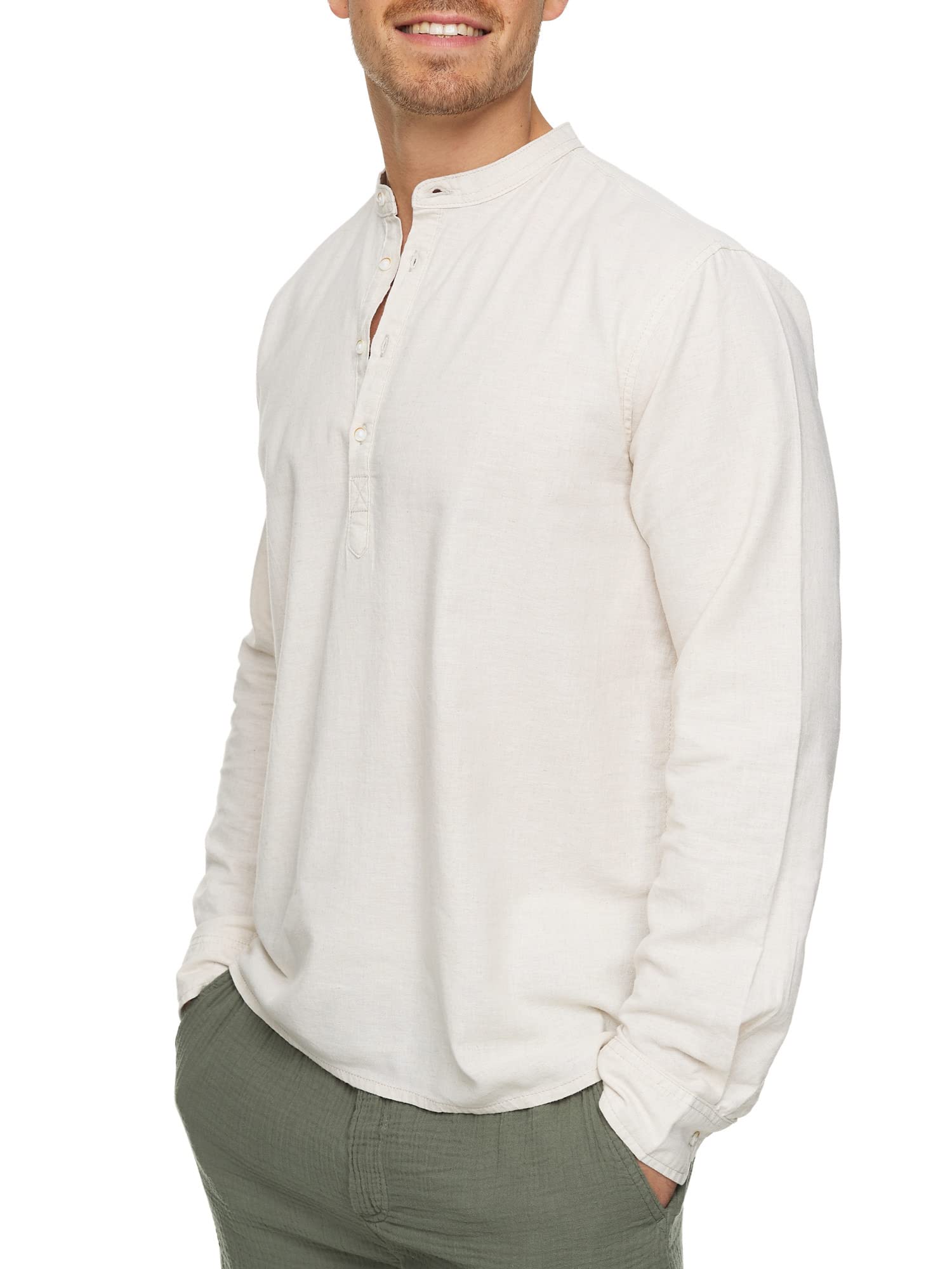 Indicode Hombres Waylon Camisa con Cuello de Pico confeccionada en Mezcla de Lino y algodón