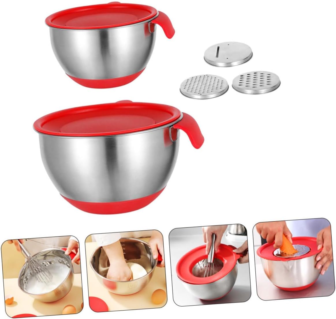 Stainless Steel Mixing Salad Bowl Set with Silicone Base and Red Handles, 18cm 20cm Multi-function Reusable Food Bowls with 2 Lettered Lids and 3 Graters, for Baking, Kneading