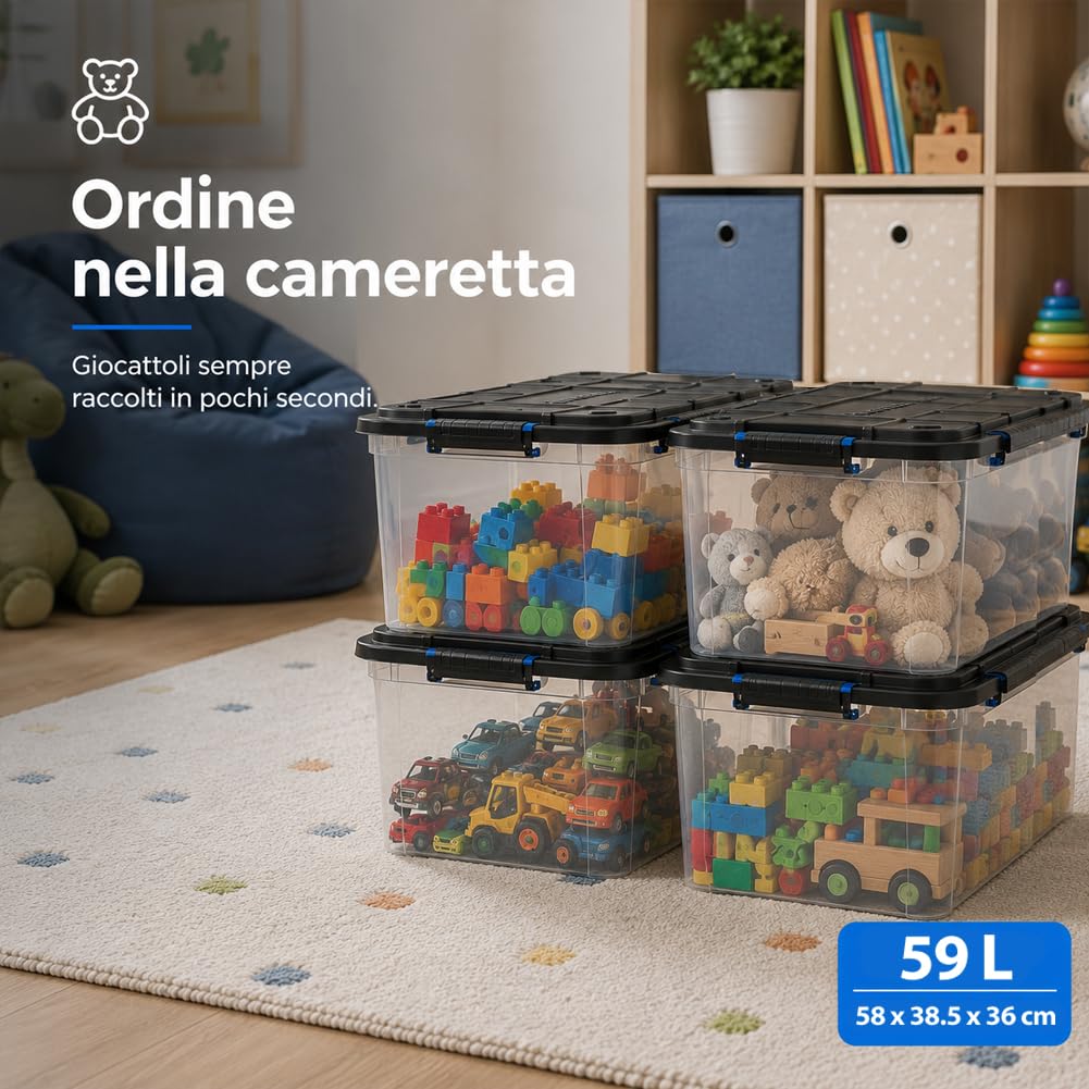 BAKAJI Set 4 Pezzi Contenitori con Coperchio e Ruote, Storage Box per Archiviazione Multiuso Giocattoli, Vestiti, Attrezzi, Accessori, Organizer Capiente e Robusto, Portaoggetti Stoccaggio