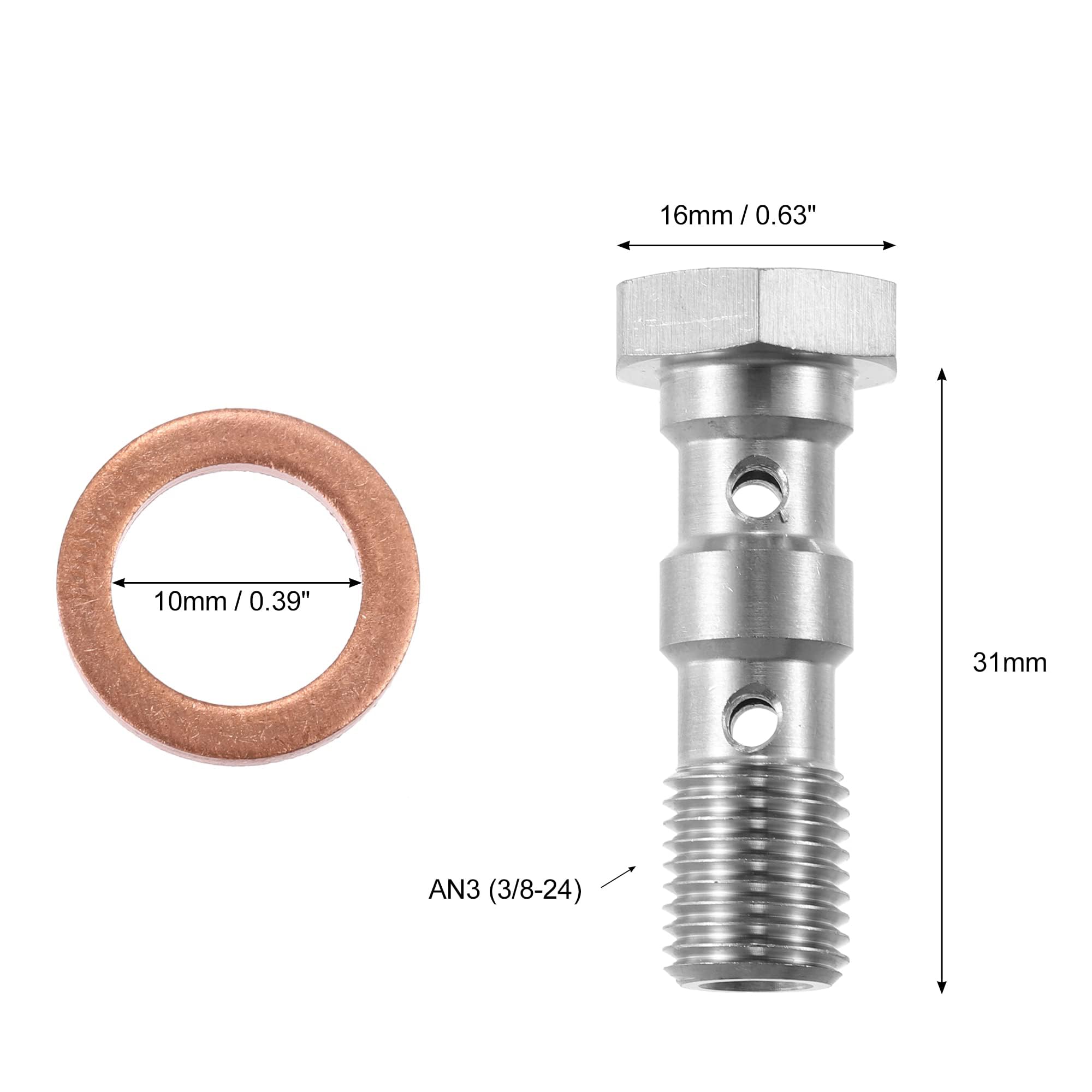 Unifizz Bullone per banjo con filettatura in acciaio inox per auto, 2 pezzi, con rondelle in rame, lunghezza 31 mm, AN3 3/8-24