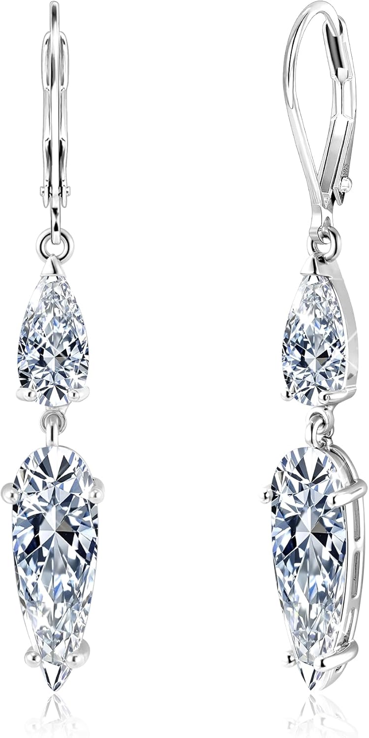 ALEXCRAFT Sterling Silver Long Teardrop Dangle Earrings for Women Hypoallergenic Cubic Zirconia Drop Leverback Earrings Trendy CZ 2-Stone Long Crystal Teardrop Dangle Earings for Jewelry Gifts