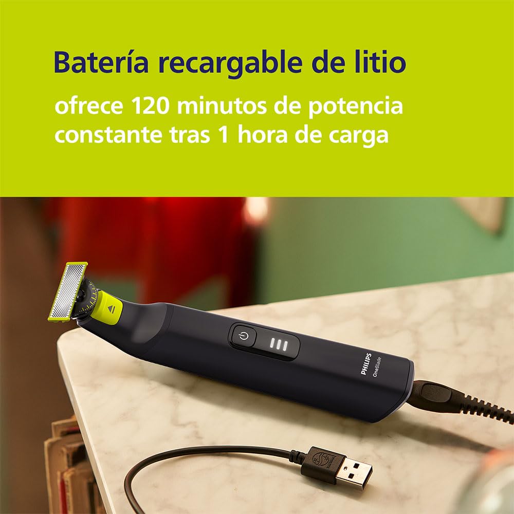 Philips OneBlade Pro 360 connected to a USB charger.