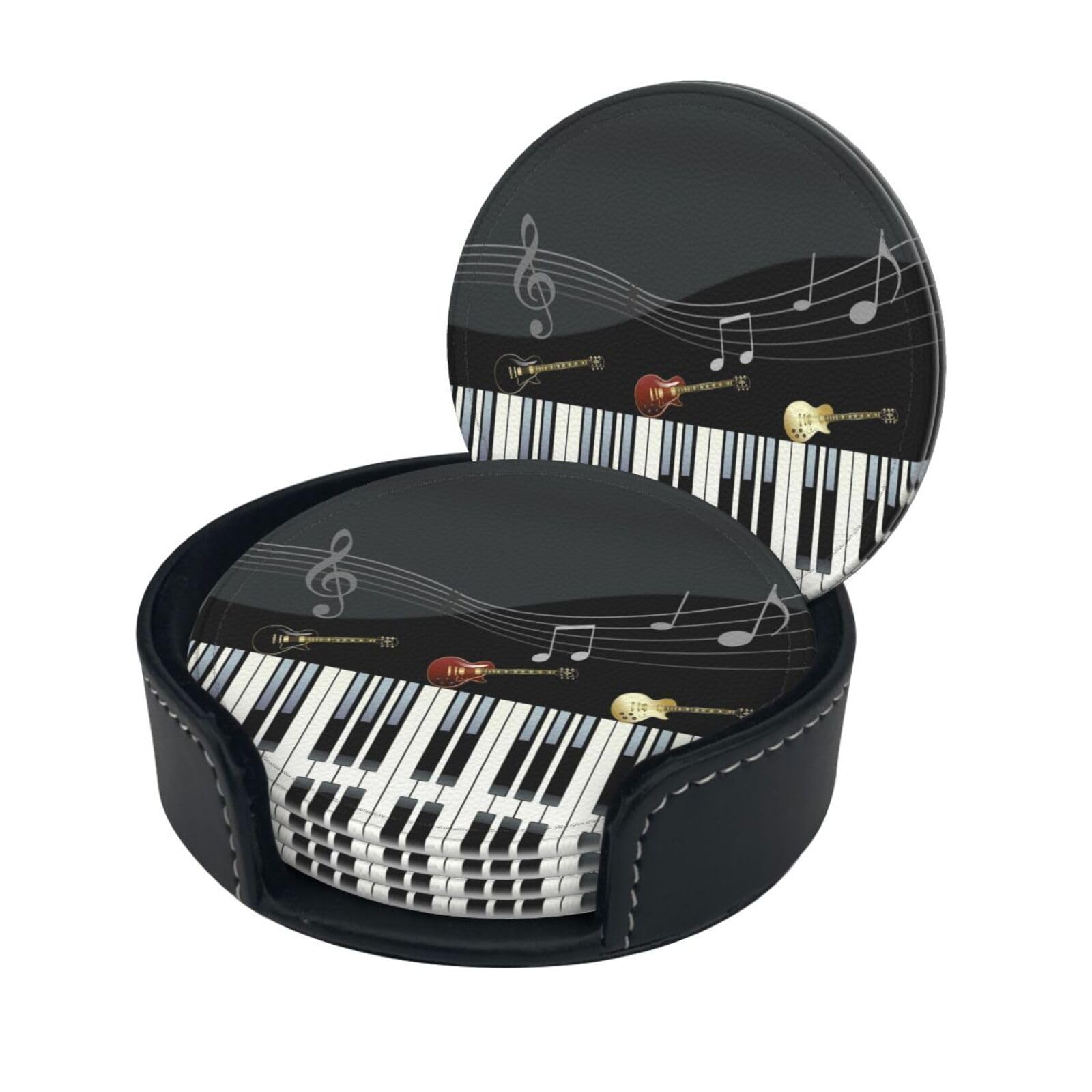 Lklddpzb White Guitar Piano Pattern Print Round Leather Coasters - Set Of 6, Ultra-Fiber Pu Leather