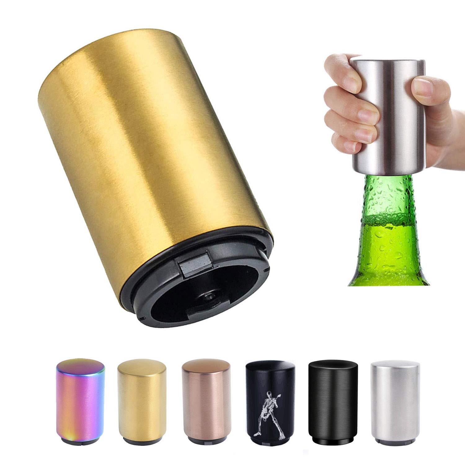 HONGPPush Down Bottle Opener,Magnetic Bottle Openers,Beer Bottle Openers for Men Automatic Bottle Opener,Beer Bottle Cap Opener Tool,Kitchen Gadgets Novelty Unique Gifts for Men(Golden)