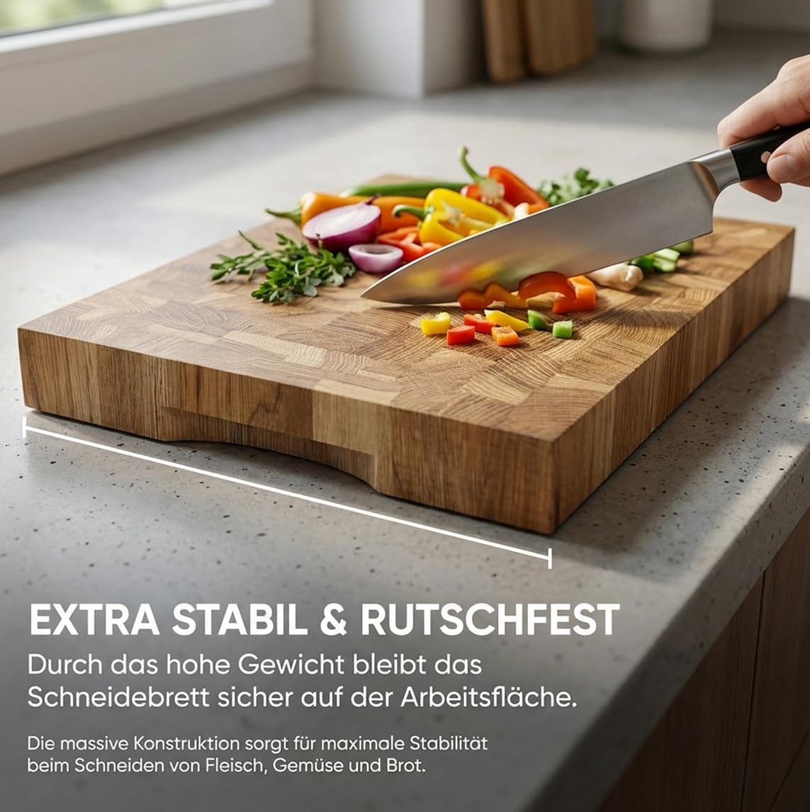 Eichen Schneidebrett 40x30x4 cm – Massives Stirnholz Schneidebrett aus Eiche mit Griffmulde – Extra Dickes Holz Schneidebrett für Fleisch, Gemüse & Brot – Profi Küchenbrett