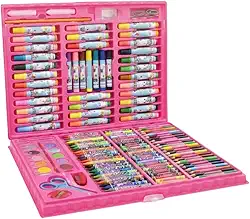 Maleta de Pintura Infantil Completa Rosa com 150 Peças - Kit de Desenho com Giz, Lápis e Aquarela para Crianças