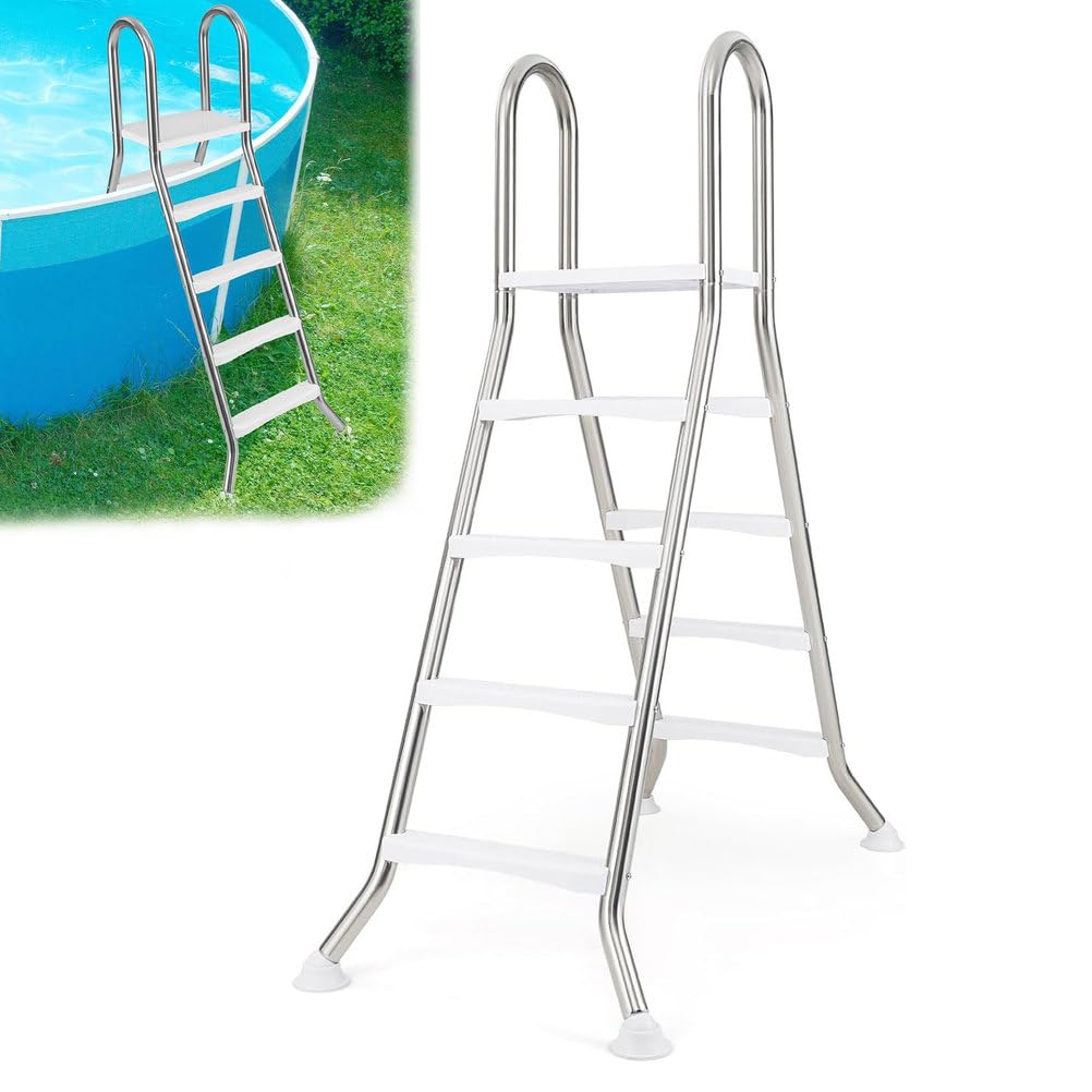 Scala per Piscina Fuori Terra 142 cm 4 gradini, Struttura in Acciaio Inossidabile 304, Scala per Ingresso e Uscita dalla Piscina, gradini in Metallo Antiscivolo a Forma di A, argentati