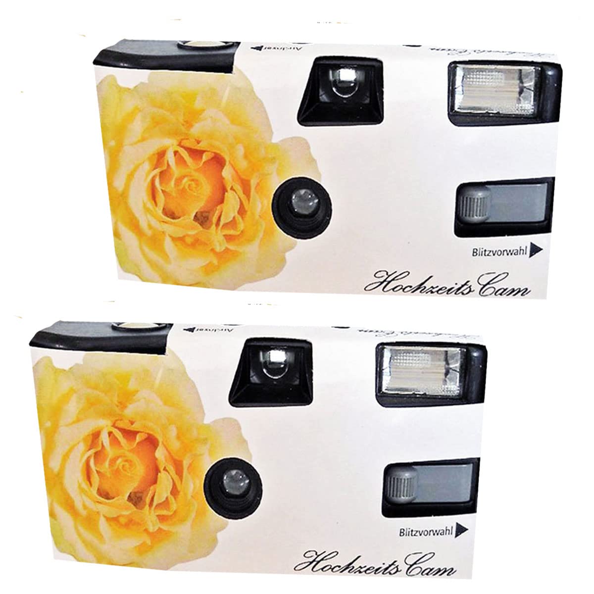 Lot de 2 appareils photo jetables 1A PHOTO PORST Edition rose de mariage jaune avec flash, piles et film (lot de 2, 27 prises chacune)